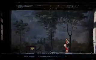 On a large stage with a landscape in the background, a lone woman in a red dress stands with a suitcase.