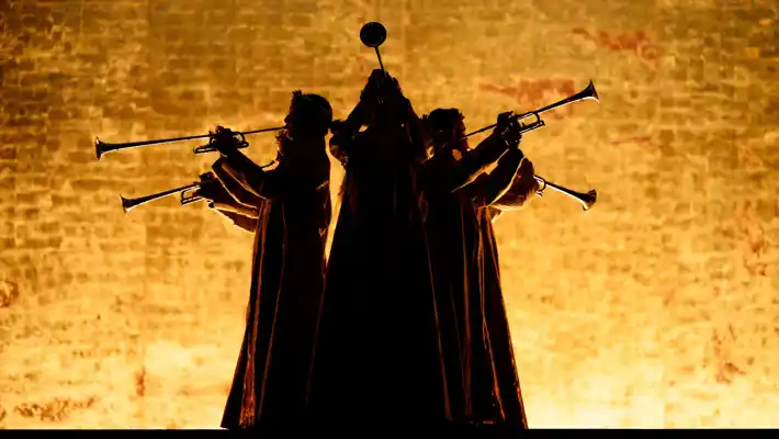 Against a gold background, five people with trumpets are silhouetted in backlight.