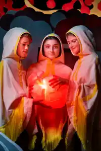 Three children in caps are holding a round object that glows from within.