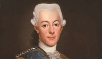 A portrait painting depicting a man with a white wig and old-fashioned clothes.