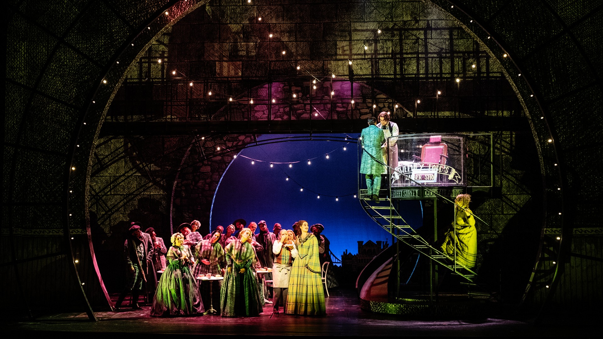 A scene with a staircase to the right leading to a barber's chair on a platform.