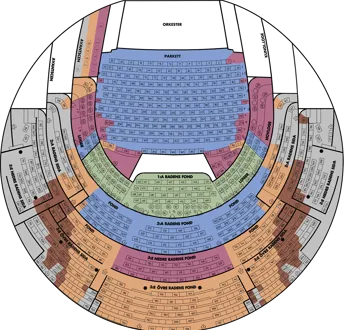 A schematic map of a seating plan with many different colors.