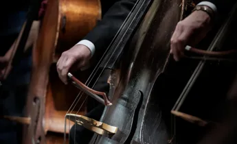 En närbild på ett basinstrument, en hand håller i en stråke.