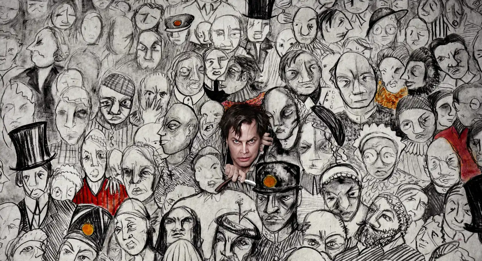 Genom en stor duk målad med en massa människor i svart-vitt bryter en en knivförsedd man sig igenom duken.