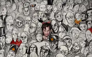 Genom en stor duk målad med en massa människor i svart-vitt bryter en en knivförsedd man sig igenom duken.