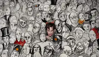 Through a large canvas painted with a crowd of people in black and white, a man armed with a knife breaks through the canvas.