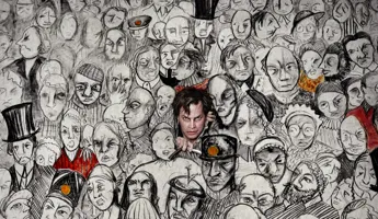 Through a large canvas painted with a crowd of people in black and white, a man armed with a knife breaks through the canvas.