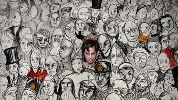 Through a large canvas painted with a crowd of people in black and white, a man armed with a knife breaks through the canvas.