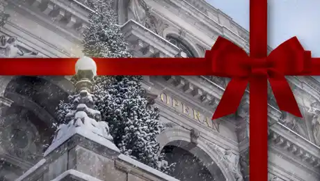 A wintry opera house with a fir tree on the terrace, wrapped with a red string.