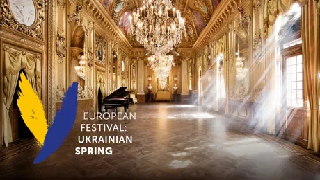 En ukrainskt symbol över en bild av en pampig salong.