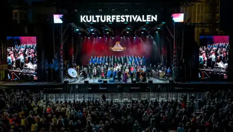 An outdoor stage full of artists, a large audience in front.