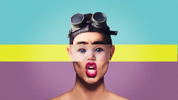 Person with black goggles and composite face against a tricolor background of yellow, light blue and purple.