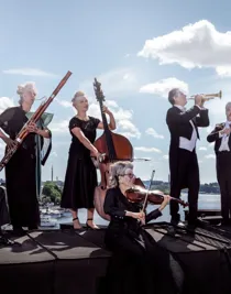 Several musicians stand on a roof: they are wearing make-up, wigs and the sun is shining behind them.
