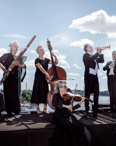 Flera musiker står på ett tak: de sminkade, bär peruker och bakom dem skiner solen.