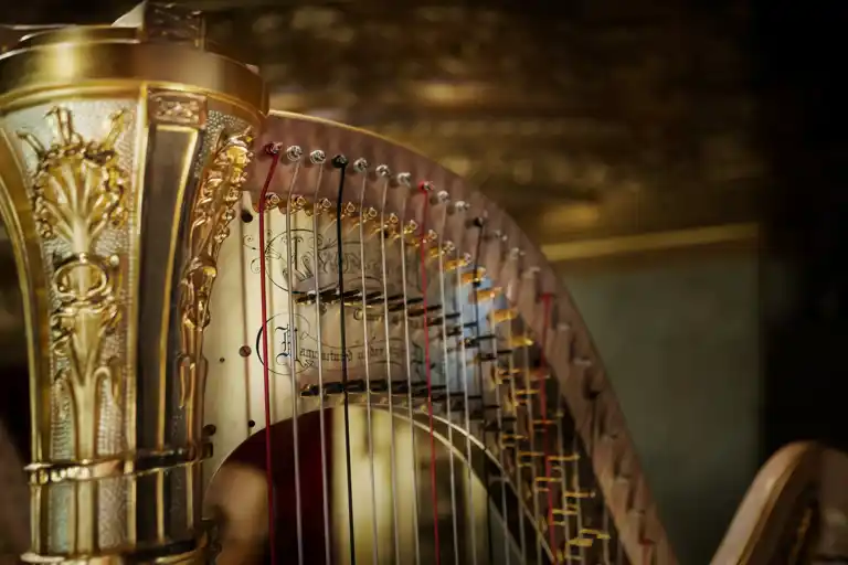 Close-up of the top of a gold-colored harp.