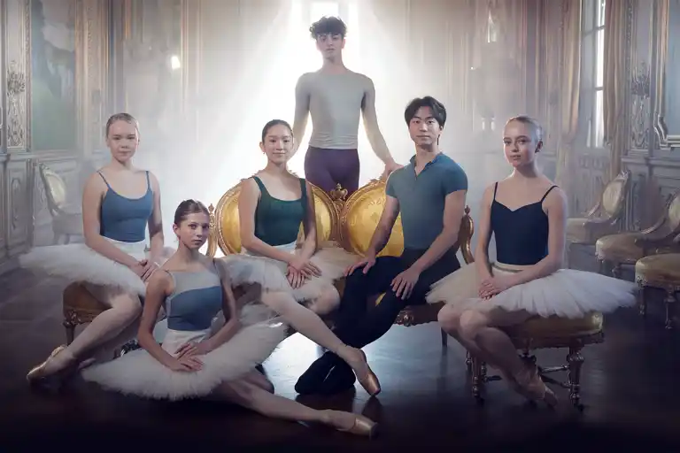 Sex stycken dansare samlade i ett bakgrundsbelyst rum.