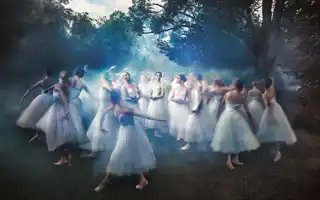 Balettdansöser i vita tyllkjolar omgivna av dimma i en skogsdunge, skapar en drömlik atmosfär.