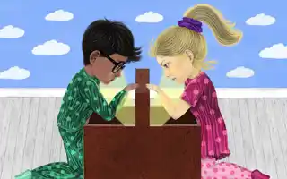 En illustration av en pojke och en flicka på varsin sida om en låda.