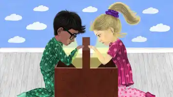 En illustration av en pojke och en flicka på varsin sida om en låda.