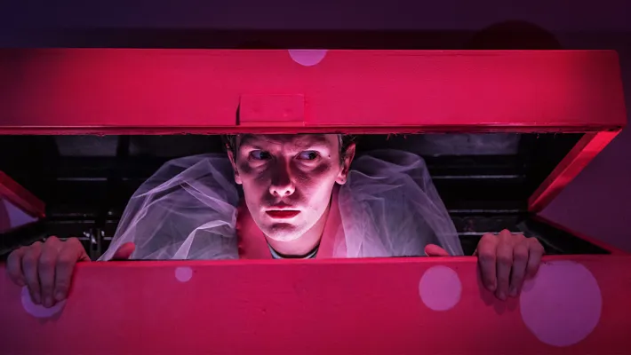 En pojke med ett en något lömsk blick tittar ut från en leksakslåda.