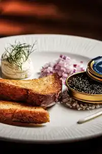 A white plate with a jar of caviar, toast, finely chopped onion and a top of cream.