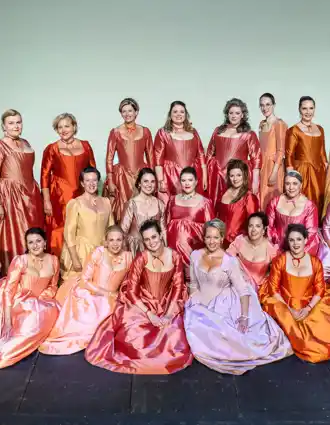 A group of women in silk dresses standing and sitting against a light green background.