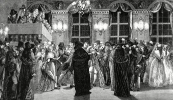 Black and white engraving depicting many people in old costumes in a room.