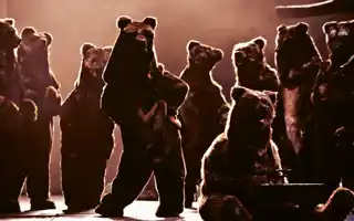 Flera björnar på en scen, en dansar, en spelar på ett klockspel.