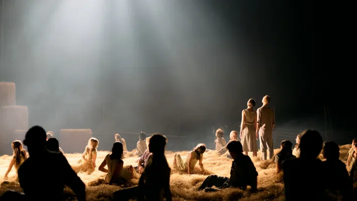 Several people are sitting backlit in a sea of hay, with several hay bales in the background.